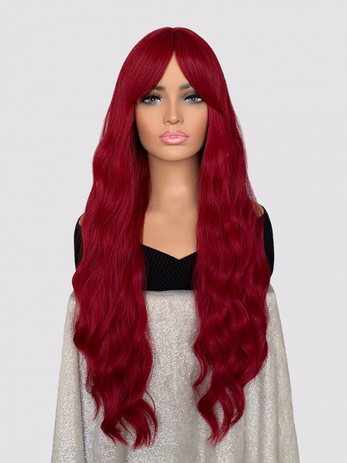 Красный волнистый парик с челкой